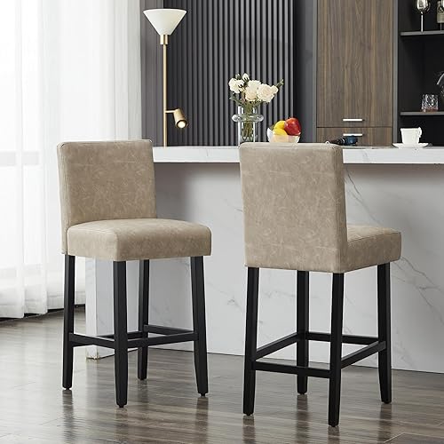 Miniatura 40 de Taburetes de bar de piel sintética de 26 pulgadas, modernas sillas de bar tapizadas de altura de barra, taburetes de bar con patas de madera maciza
