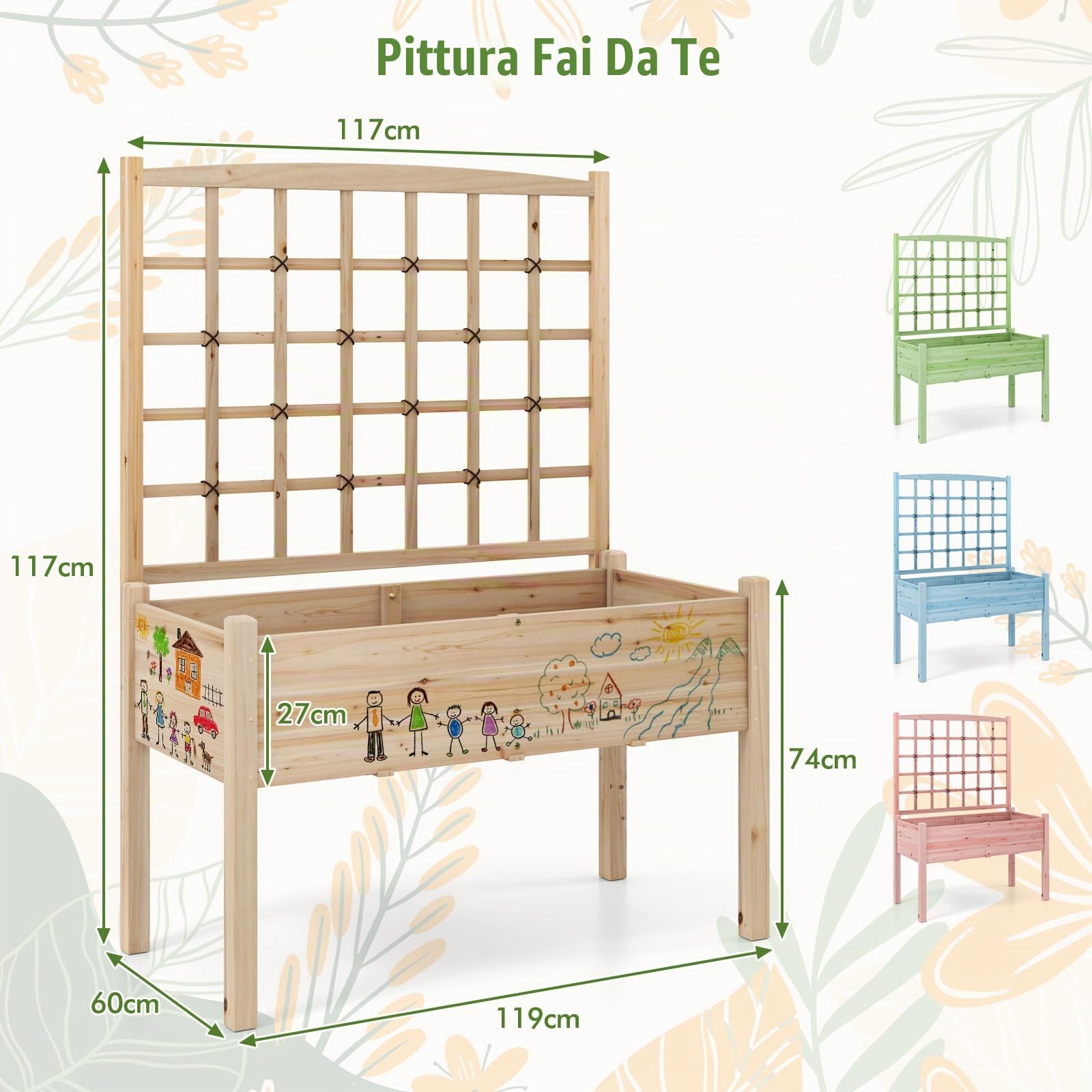 HOMASIS Letto Rialzato con Grigliato da Giardino in Legno, Fioriera da Esterno con Fori di Drenaggio, Vaso per Piante Rampicanti, Verdure, Fiori, Erbe, 119 x 60 x 117 cm