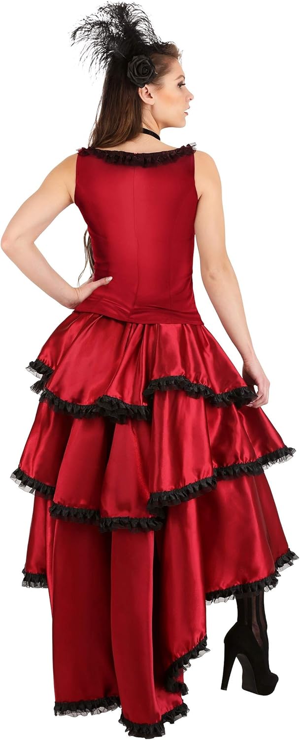 Women's Sultry Saloon Girl Costume for Halloween - Deluxe Satin & Lace Dress with Feather Headpiece