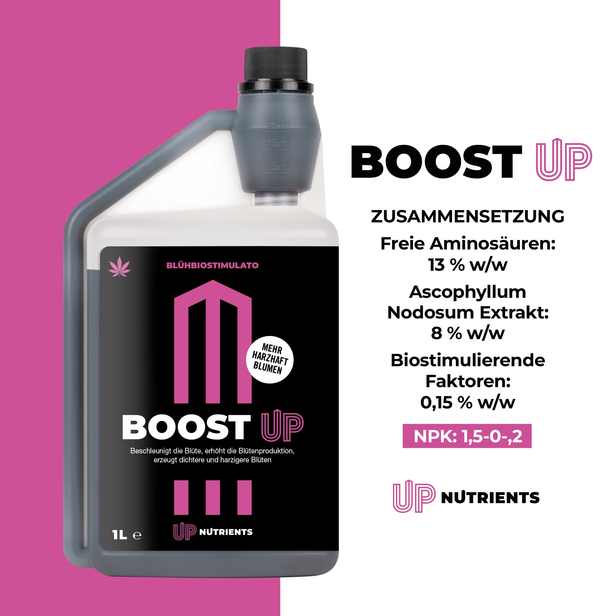 UP NUTRIENTS BOOST UP 1 L | Bio-Blühstimulator & Blütenbooster | Erhöht Blüten-, Frucht- & Knospenbildung | Mehr Dichte & Harz | NPK 1,5-0-1,2 | 100% Pflanzlich