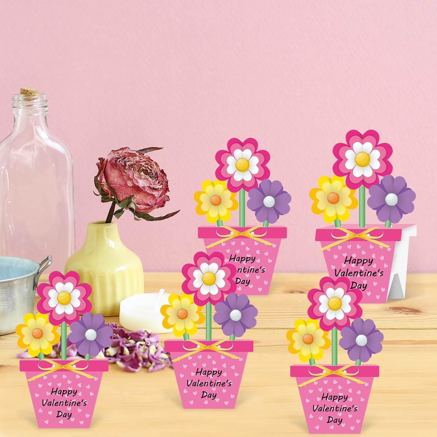 BeYumi Flower Pot Craft Kit - 48Pcs Valentine's Day Pink Flower Pot Craft for Kids Make Your Own 3D Teacher Appreciation Week Bouquet Thankful Love Gift DIY Set Home School Classroom Fun Activities image 5