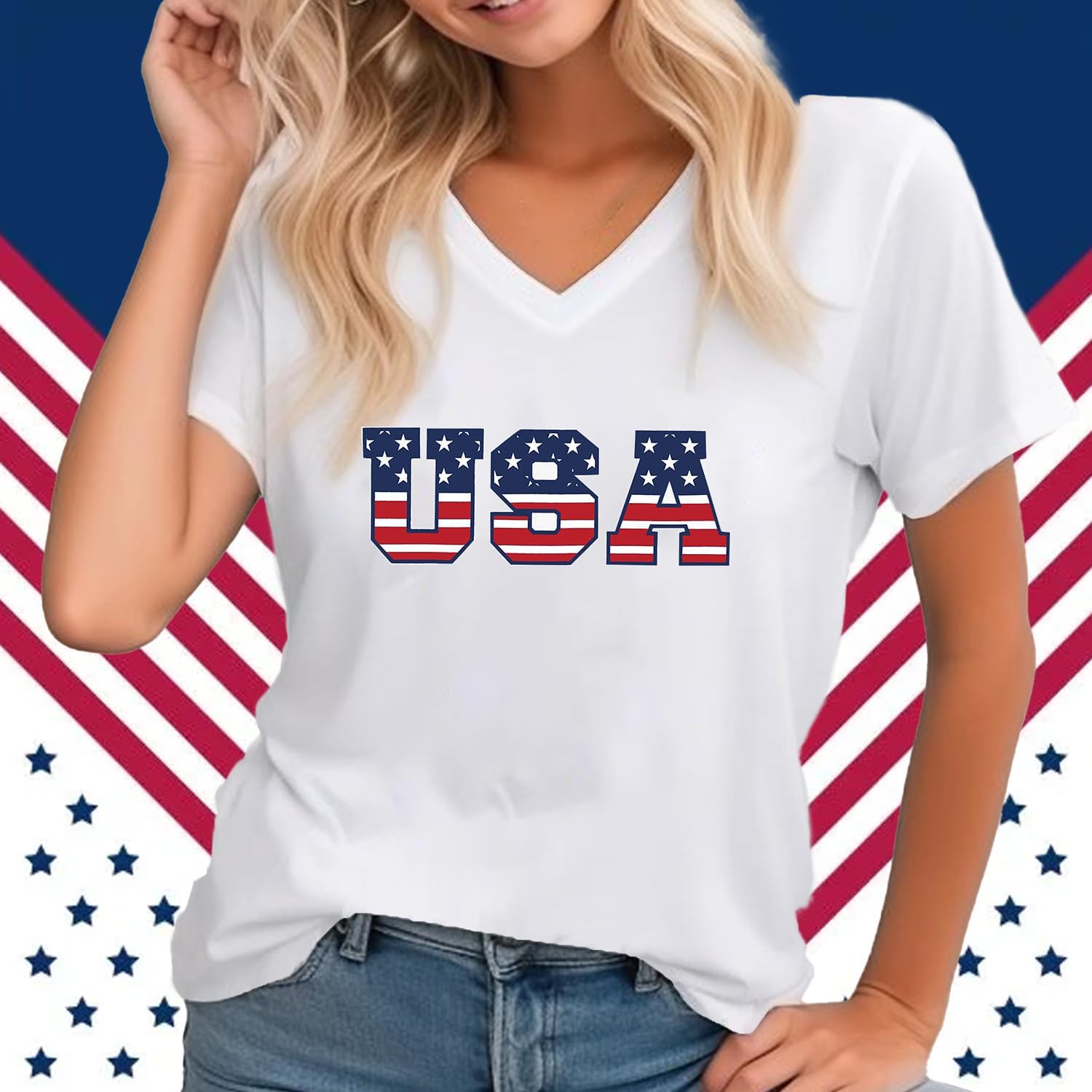 4th of July Shirts Women USA T-Shirt American Flag V-Neck Tee Tops - Image 2