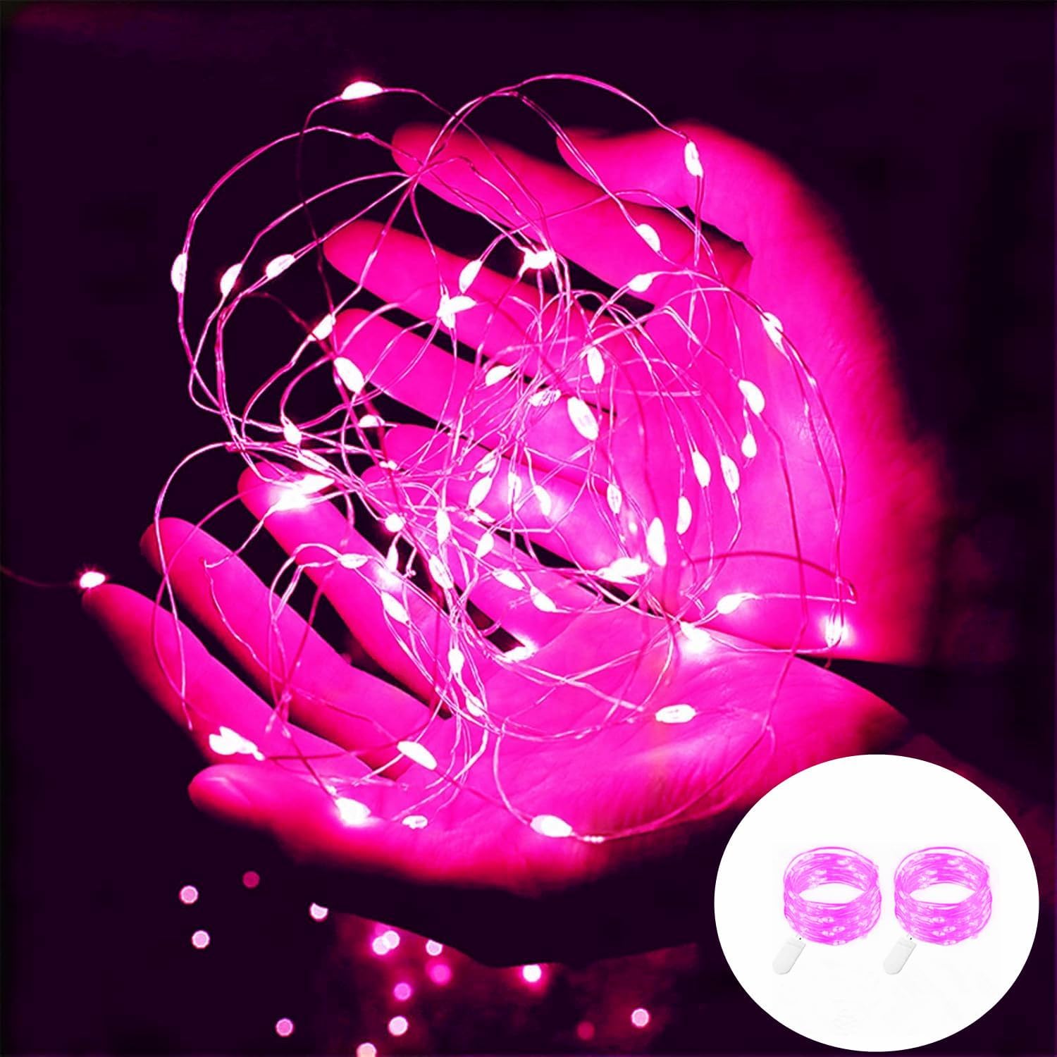 Valentine's Day Pink String Lights Battery Powered 7Ft 20 LED Waterproof Silver Copper Wire Fairy Lights, Diwali Halloween Christmas Home Party Wedding Girls Room Decorations-2Pack