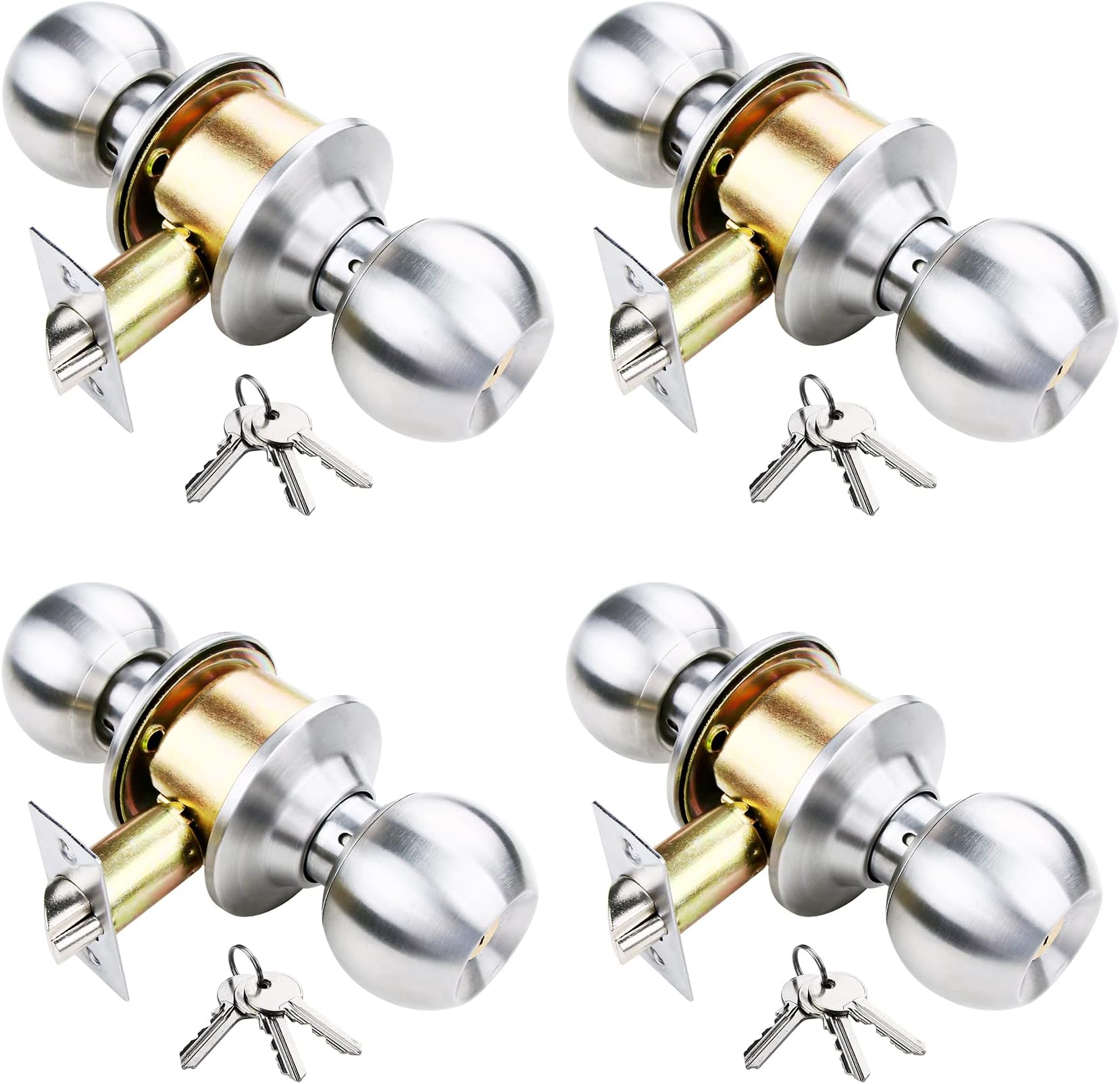 4 Pack Keyed Alike Door Knob with Lock and Key Bathroom Bedroom Door Knob Round Knob Door Handle Ball Entry Door Knob Front Exterior Privacy Locksets in Satin Nickel 4 Pack High Security Silver HVH
