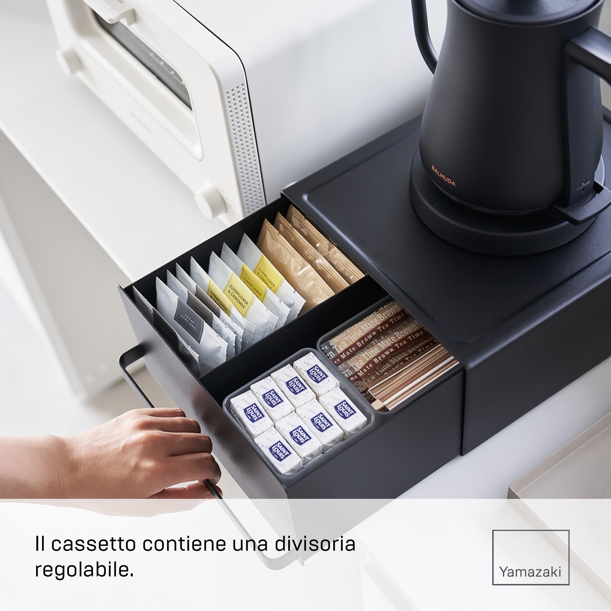 YAMAZAKI 2019 TOWER Sliding Countertop Drawer, black, Steel/Polypropylene/Magnet, 22.2 x 27.5 x 11.5 cm