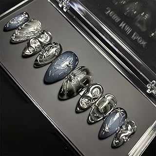24Pcs Dark Press on Nails Medium Almond Fake Nails with 3D Y2k Irregular Silver Design Pearl Jewelry False Nails Glitter Full Cover Artificial Glue on Nails Gothic Stick on Nail for Women DIY Tips
