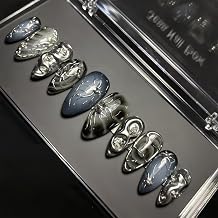 30Pcs Dark Almond Halloween Fake Nails with 3D Y2k Irregular Silver Design Pearl Jewelry Glitter Full Cover Artificial Glue on Nails Gothic Stick on Nails for Women