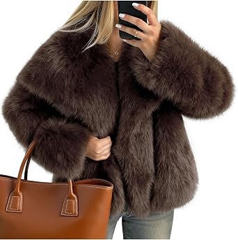Kissonic Women Faux Fur Coat Lapel Collar Shaggy Warm Short Fluffy Jacket | Long Sleeve, Snap Button, Open Front, Solid Color, Fuzzy Ladies Outerwear, Winter Luxury Outfits