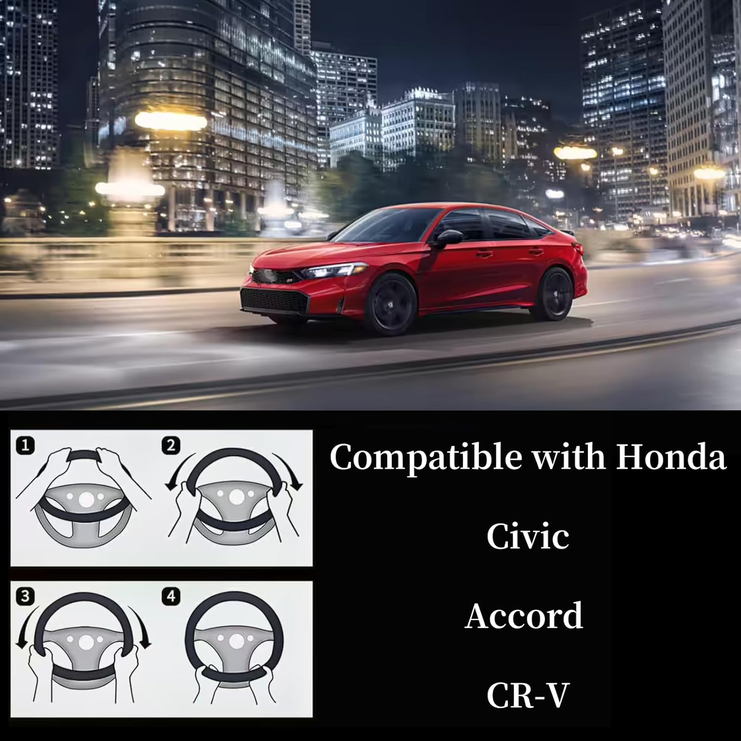 Yangday Leather Steering Wheel Cover for Honda Civic Accord CR-V, 14.5-15 inches Car Steering Wheel Cover with Anti-Slip Massage Particle (Red)