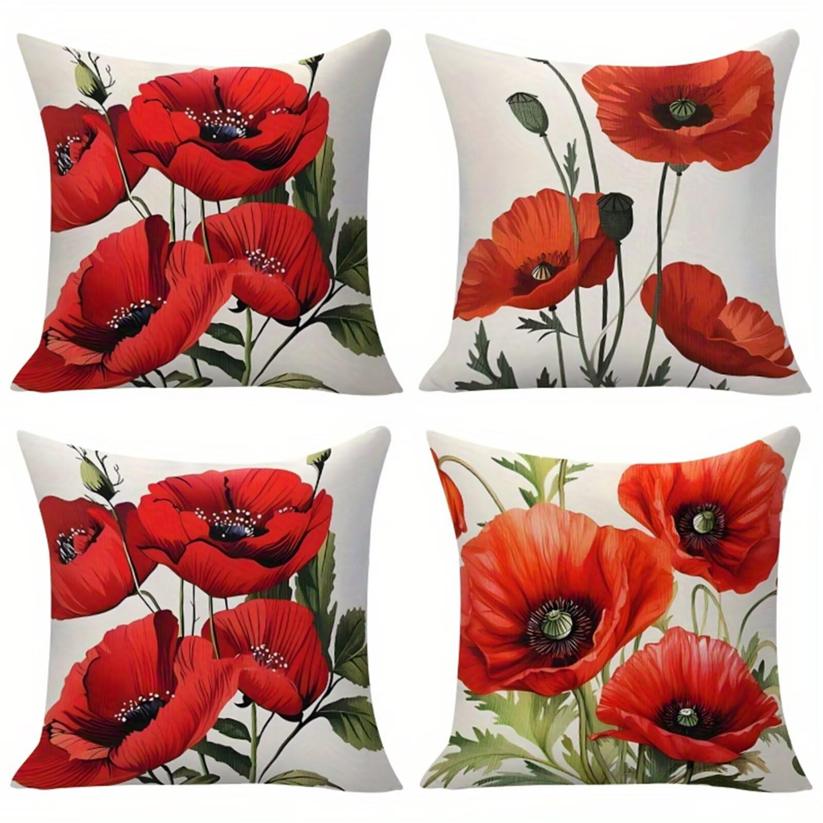 Lot de 4 housses de coussin en lin 50x50 cm à motif coquelicots rouges