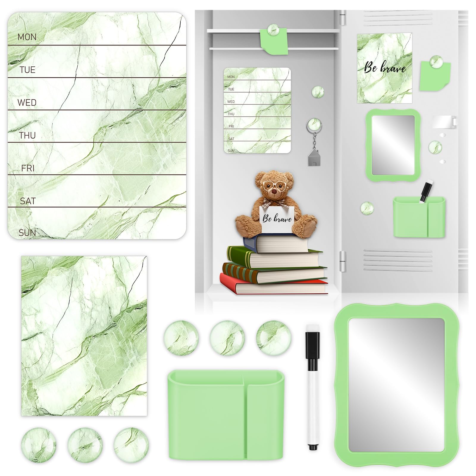 11 Pcs Green Marble Locker Accessories Kit with Magnetic Marble Whiteboard Locker Mirror and Pen Holder Marble Lockers Organizer Decorations Back to School Essentials Locker Decorations