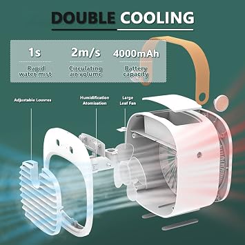 Portable Air Cooler, Mini Personal Air Conditioner, 2 in 1 Small Evaporative Coolers with Handle/Humidifier/ 3 Speeds Desktop Ice Cube Cooling Fan for Travel, Office and Bedroom