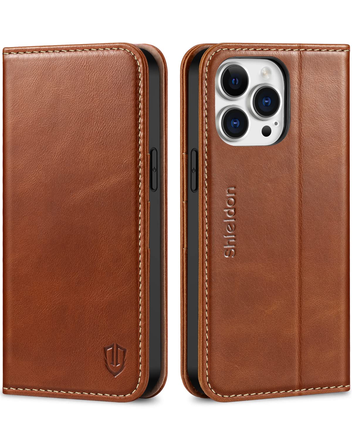SHIELDON Case for iPhone 14 Pro Max 5G, Genuine Leather iPhone 14 Pro Max Wallet Case with Kickstand RFID Blocking Card Holder Magnetic Shockproof Compatible with iPhone 14 Pro Max 6.7" - Retro Brown