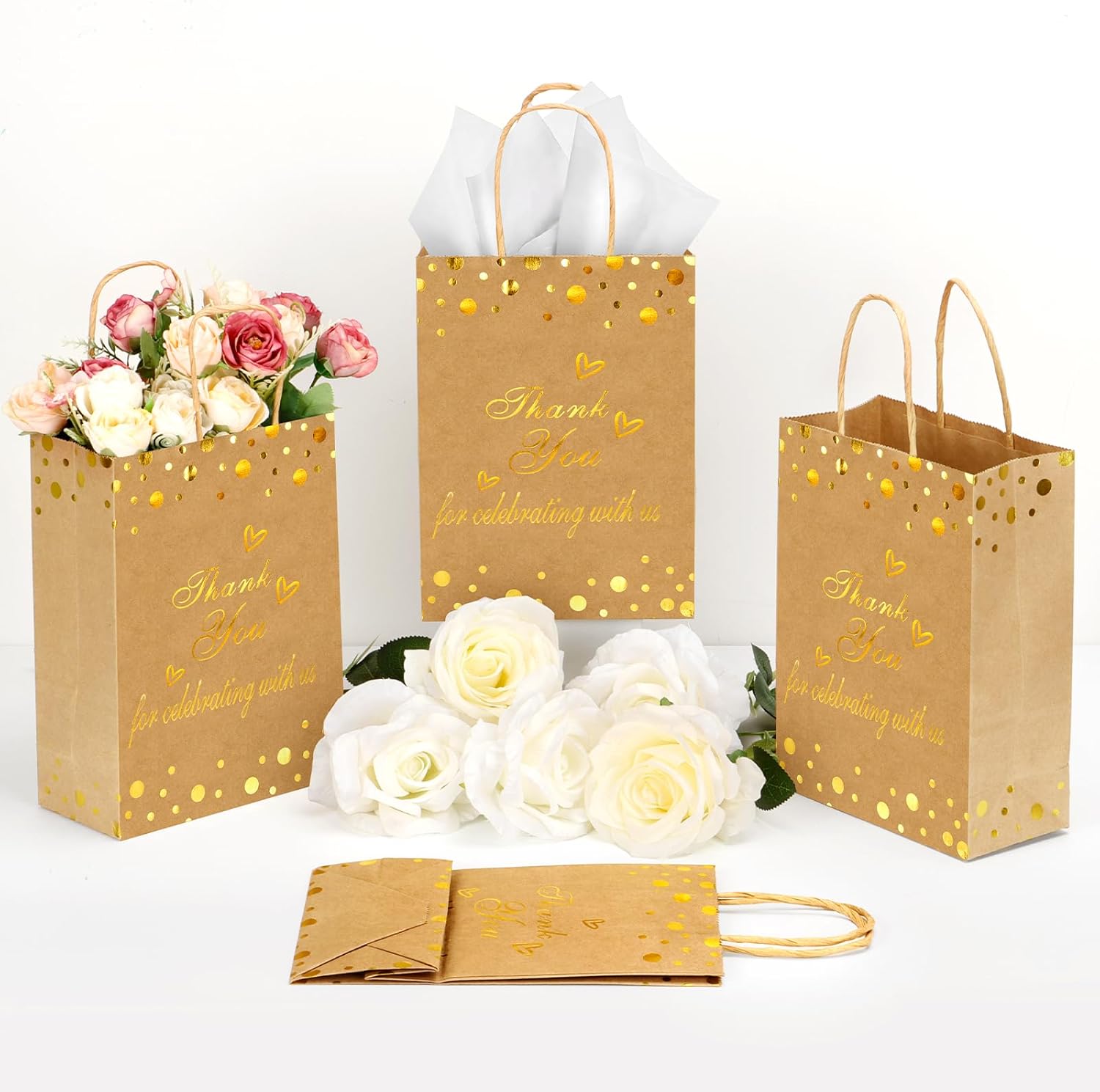 50Pcs Thank You Gift Bags with Tissue Paper, Thank You Paper Kraft Bags Bulk with Handles, Wedding Baby Shower Party Favors Bags for Guests Business Shopping Birthday Bridal Return Souvenirs (Brown)