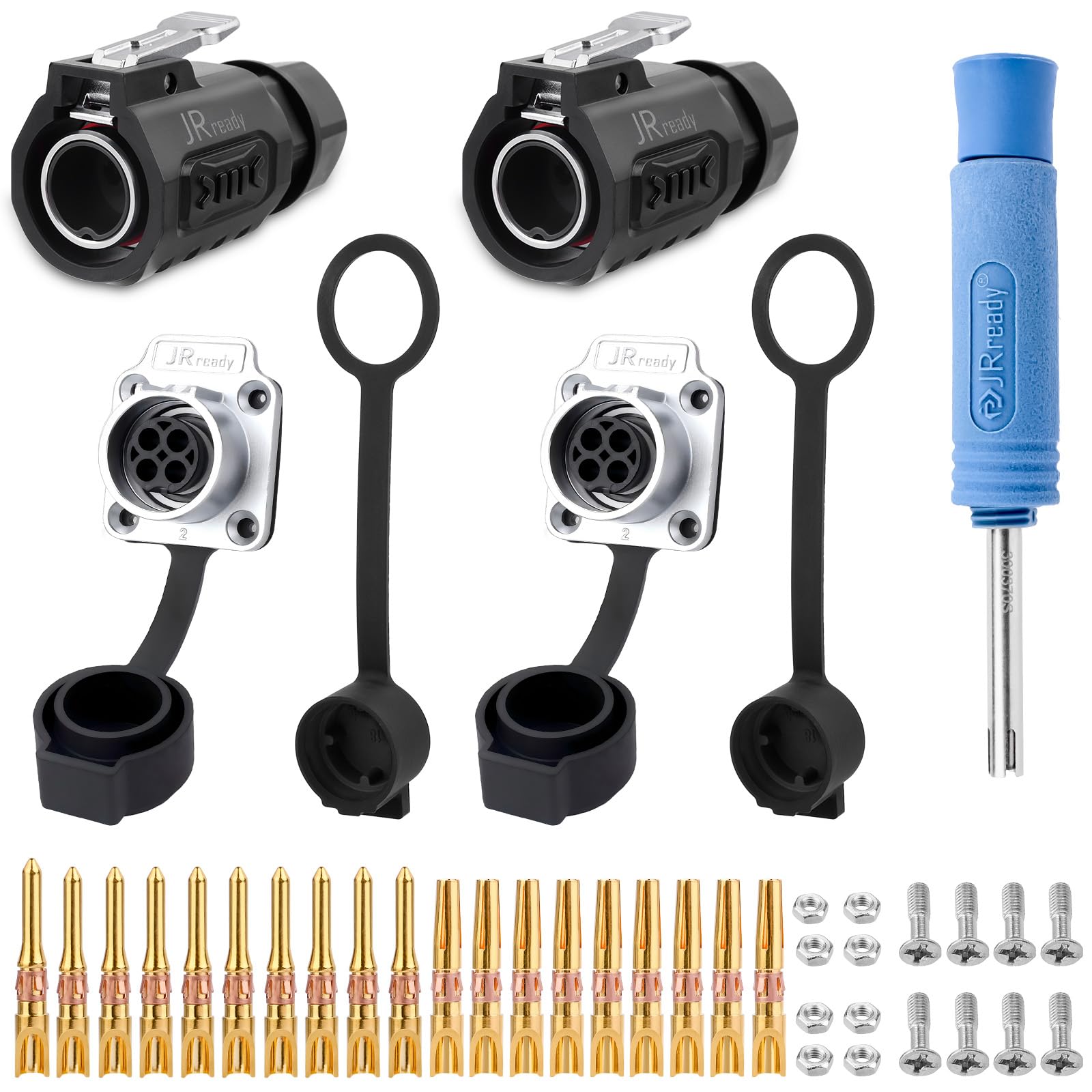 JRready JRSSWCONN CP20 Steckverbinder 4 Polig Wasserdichter Rundsteckverbinder Set (2 Sätze), Rundstecker mit Flanschbuchse für Einbau, Schnellsteckbarer Kabelstecker Entriegelungswerkzeug zum Löten