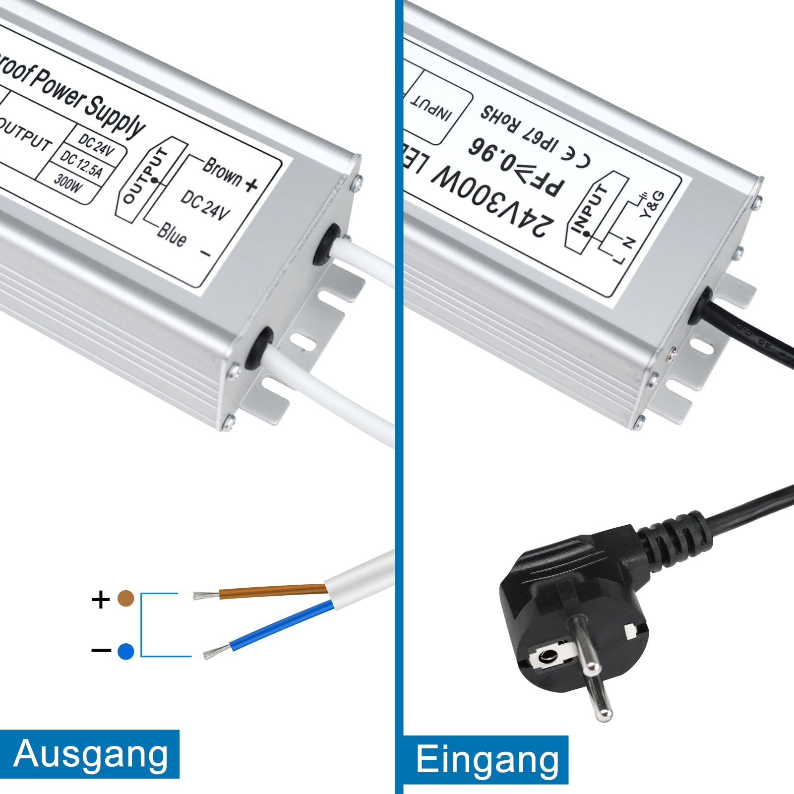 inShareplus Trasformatore LED 24 V 12,5 A 300 W IP67 impermeabile driver per esterni, AC 90-265 V a DC 24 Volt a bassa tensione, alimentatore da 24 V per luce LED, progetto computer, uso esterno