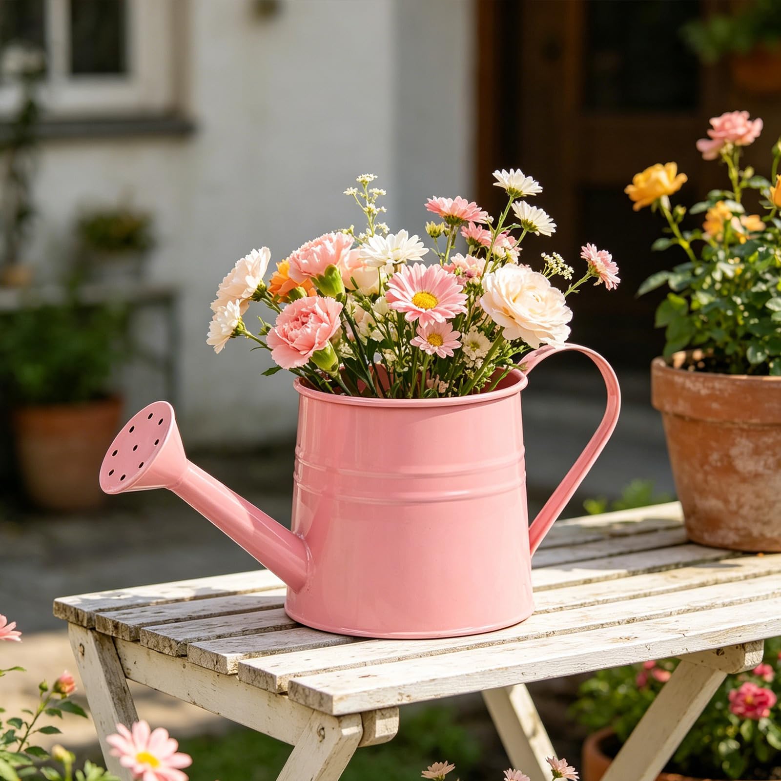 Pink Flower Long Spout Water Can For Kids Adult With Sprinkler Head Mini Small Water Spraying Pot Sprinkle For Gardening Watering/Sprinkling (Pink)