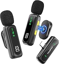 VELOMAX Mic for YouTube Wireless, Noise Reduction Magnetic Clip Wireless Microphone with LED Indicator and Battery Display for Video Recording Creators (Dual Channel Type-C Port Version)