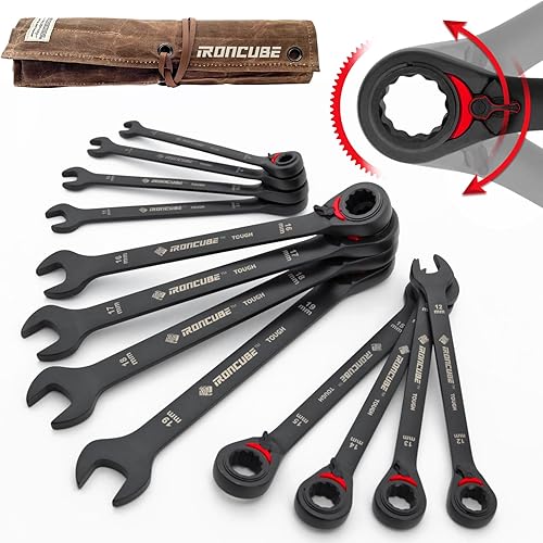 Juego de llaves de trinquete reversibles 12 piezas métricas 0.315-0.748 in - negro resistente - Bolsa de almacenamiento de lona de cera -