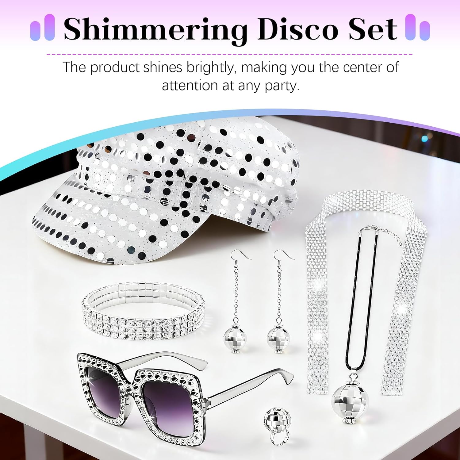 BOZILY 7Pcs Disco Accessories Set for Women - 70s Retro Party Jewelry Kit with Sequin Hat, Scarf, Earrings, Necklace, Glasses, Bracelet & Rings for Disco Themed Outfits Women Parties, Gift
