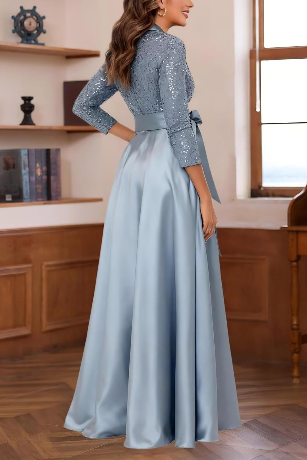 Sequin Mother of The Bride Dresses for Women Satin V Neck Elegant Long Sleeve Sparkly A Line Evening Party Dress
