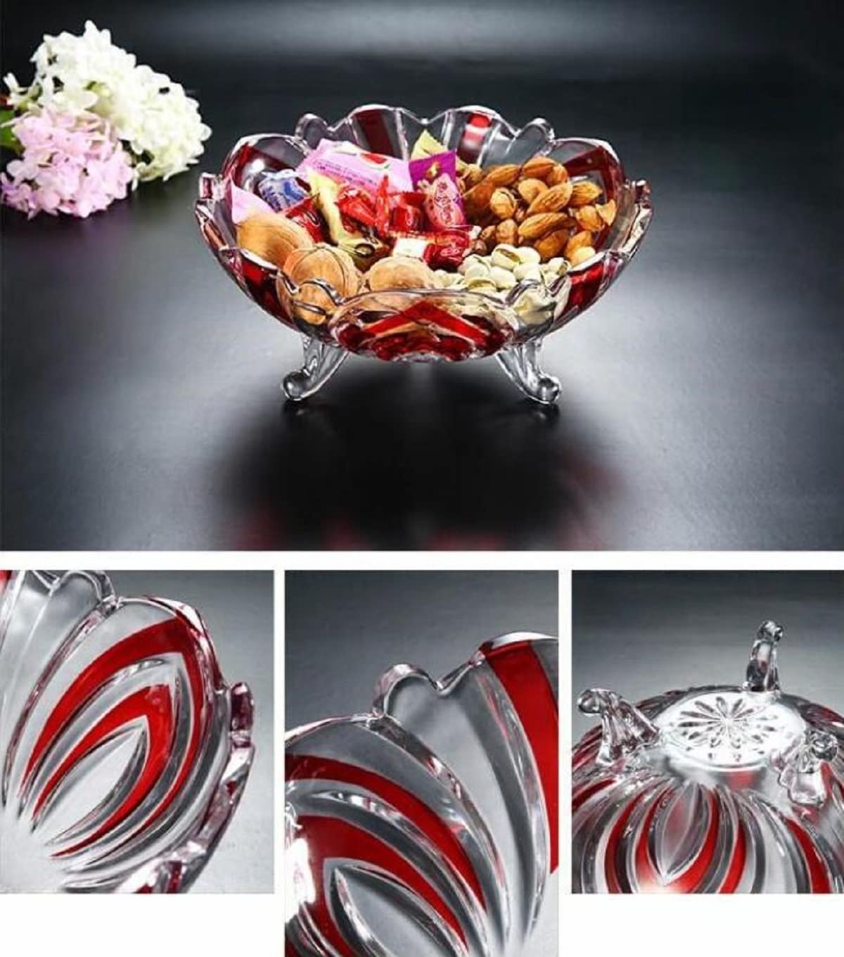 Bol Grande De Cristal para Frutas, 24 Cm, Color Beige, para Dulces Y Servir. Bandeja Multiusos para El Hogar Y La Oficina. Red