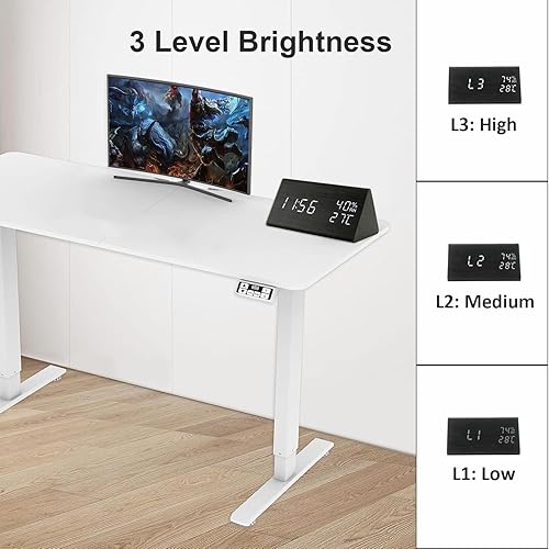 Miniatura 3 de Lancoon Reloj despertador de madera, hora, fecha, temperatura y humedad, activación de sonido de 1224 horas, 3 ajustes de alarma, brillo ajustable