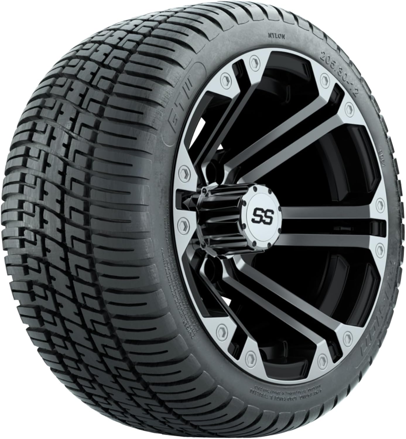 GTW 12" Specter Machined & Black Finish Golf Cart Wheels Mounted on 205/30-12 Low Profile Street Tires - Set of 4