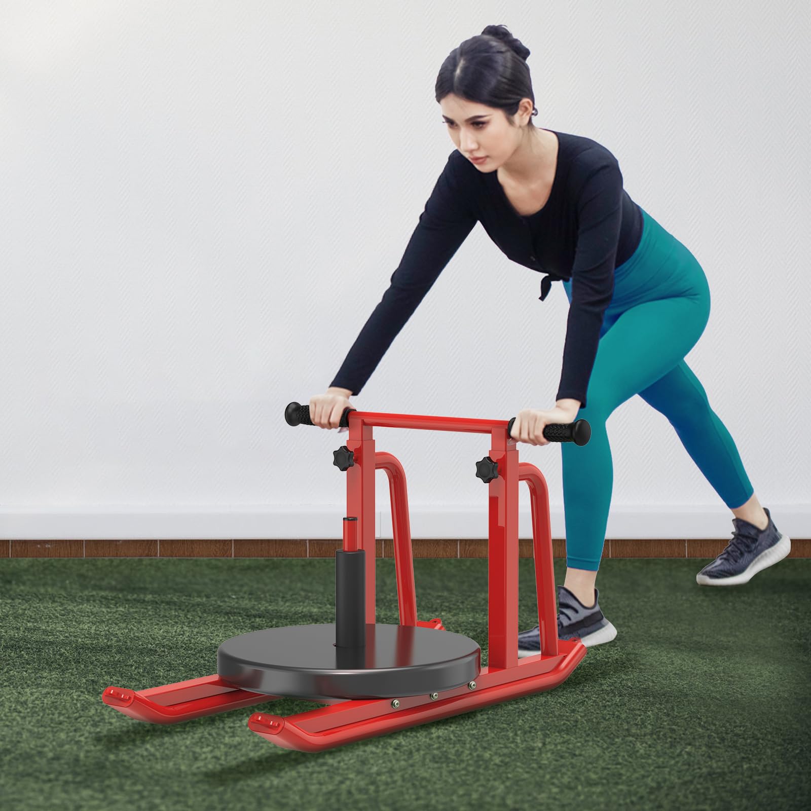 Kipika Trineos de peso para entrenamiento, trineo de fútbol de empuje y tirar, mango de altura ajustable, marco de acero resistente, taladros para velocidad de carrera, fuerza, diseñado para discos de