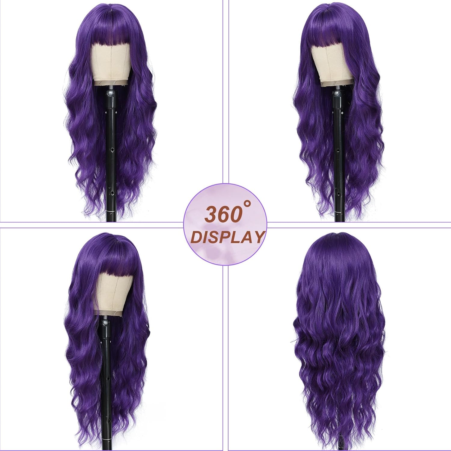 Dark Purple Wig with Bangs for Women Long Purple Wavy Wigs 26 Inch Dark Purple Wigs Natural Looking Heat Resistant Synthetic Wig for Daily Party Use - Image 3