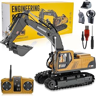 RC Excavator Toy for Boys 3-12, 3-in-1 Bucket/Claw/Drill, 2.4GHz 14 Channel Construction Truck with 680°Rotating, LED Lights/Realistic Sounds, Durable Engineering Vehicle Gift for Boys