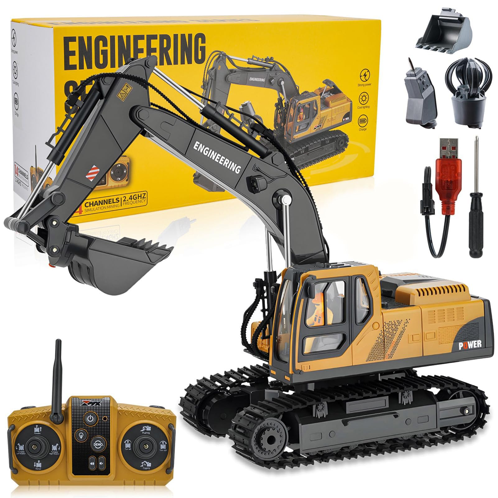 RC Excavator Toy for Boys 3-12, 3-in-1 Bucket/Claw/Drill, 2.4GHz 14 Channel Construction Truck with 680°Rotating, LED Lights/Realistic Sounds, Durable Engineering Vehicle Gift for Boys