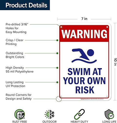 Vista 74 de Señal de advertencia de natación a tu propio riesgo, 10 x 14 pulgadas, libre de óxido, aluminio 040, resistente a la decoloración, fabricado