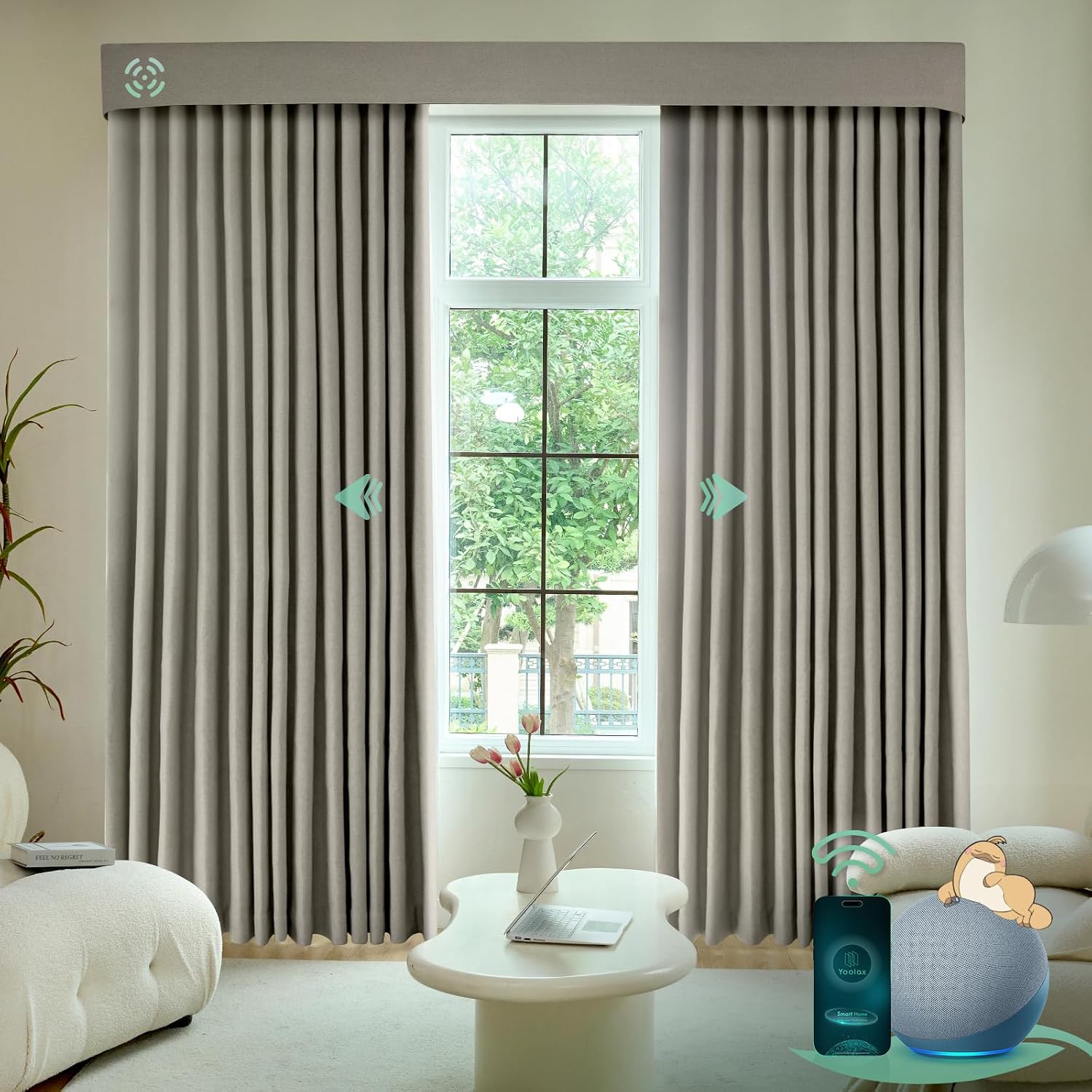 Yoolax Smart Retractable Curtain Compatible with Alexa and Google Home, Motorized Curtain Rechargeable with Remote Customized Size (Delicate Tranquil Greige)