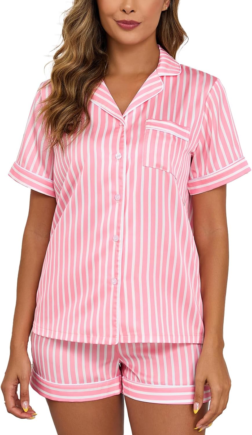 Veseacky Striped Satin Button Up Short Pjs Set for Women with Pockets Versatile Loungewear Outfit (Pink Stripe,M)