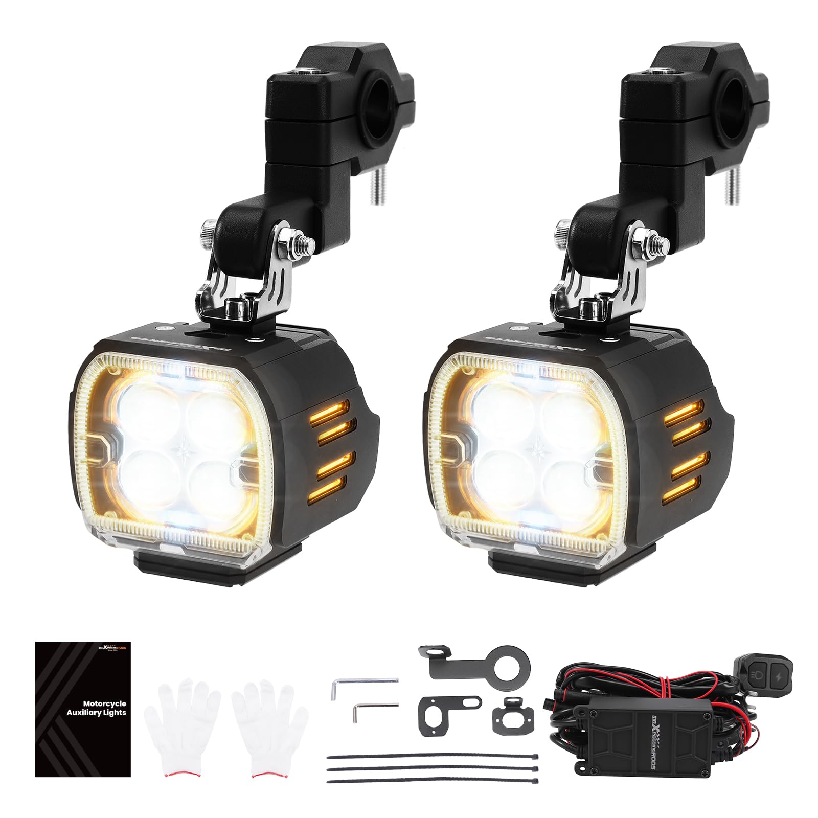 maXpeedingrods Dodatkowy reflektor motocyklowy LED, 120 W, 24 000 lm, reflektor przeciwmgielny do motocykla, ze światłem drogowym i mijania oraz kierunkowskazami, wodoszczelność IP67, z regulowanymi