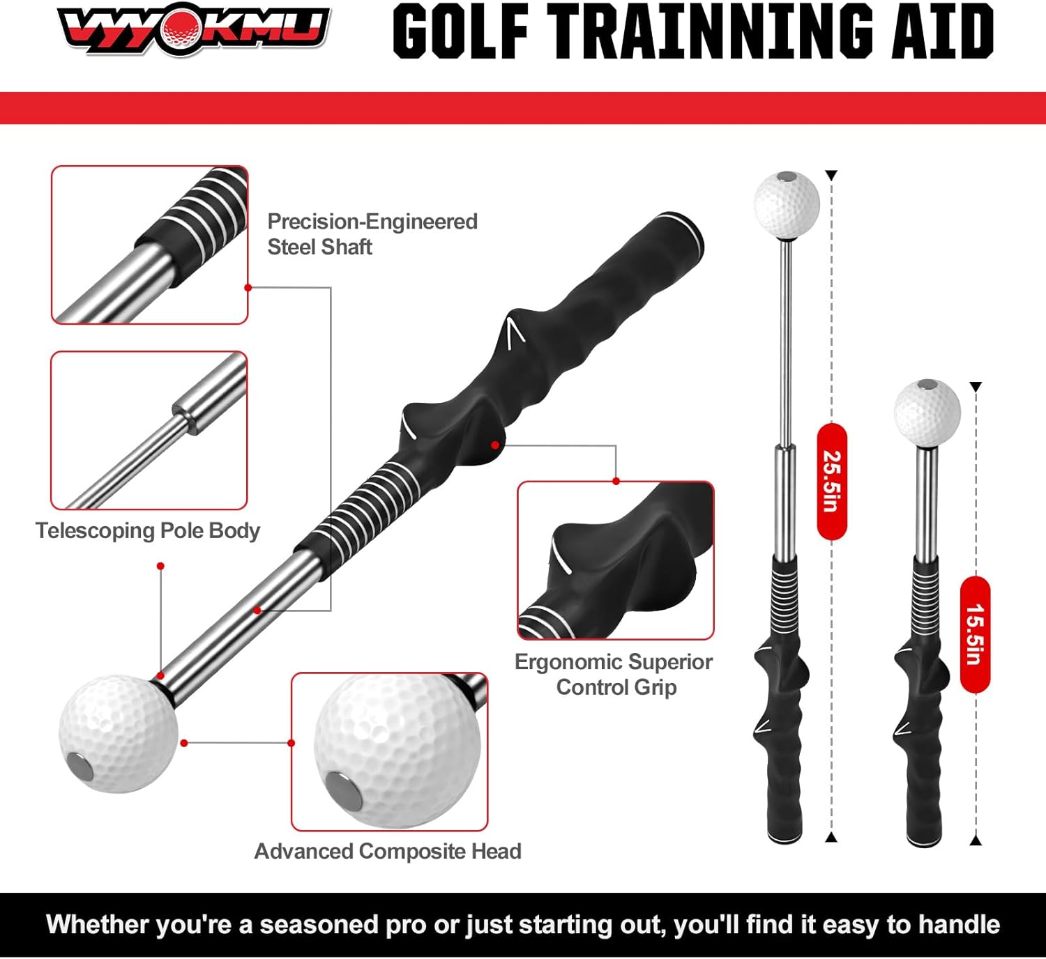 Tempo Stick Golf for Right Hand, Retractable Golf Swing Training Aid with Arm Band, Telescopic Club Indoor & Outdoor Practice Warm-Up Golf Swing Trainer for Golfer Beginner Men Woman Golf Gift
