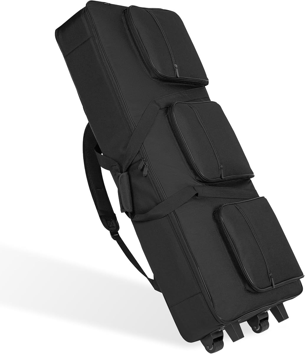 AKOZLIN 61 Key Keyboard Case with Wheels, Padded Rolling Keyboard Gig Bag | Portable Piano Bag, Keyboard Carrying Case with Adjustable Straps and Pockets for Accessaries