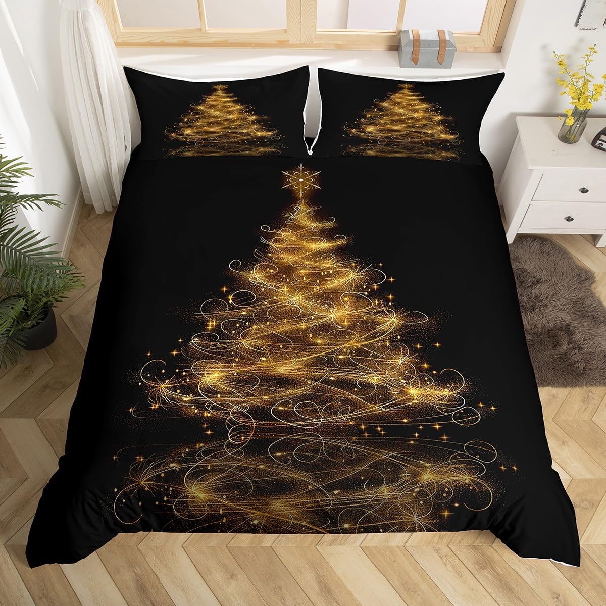 Christmas Trees Bedding Set, King Size, Gold & Black, 3 Piece Set (Duvet Cover & 2 Pillowcases), No Comforter