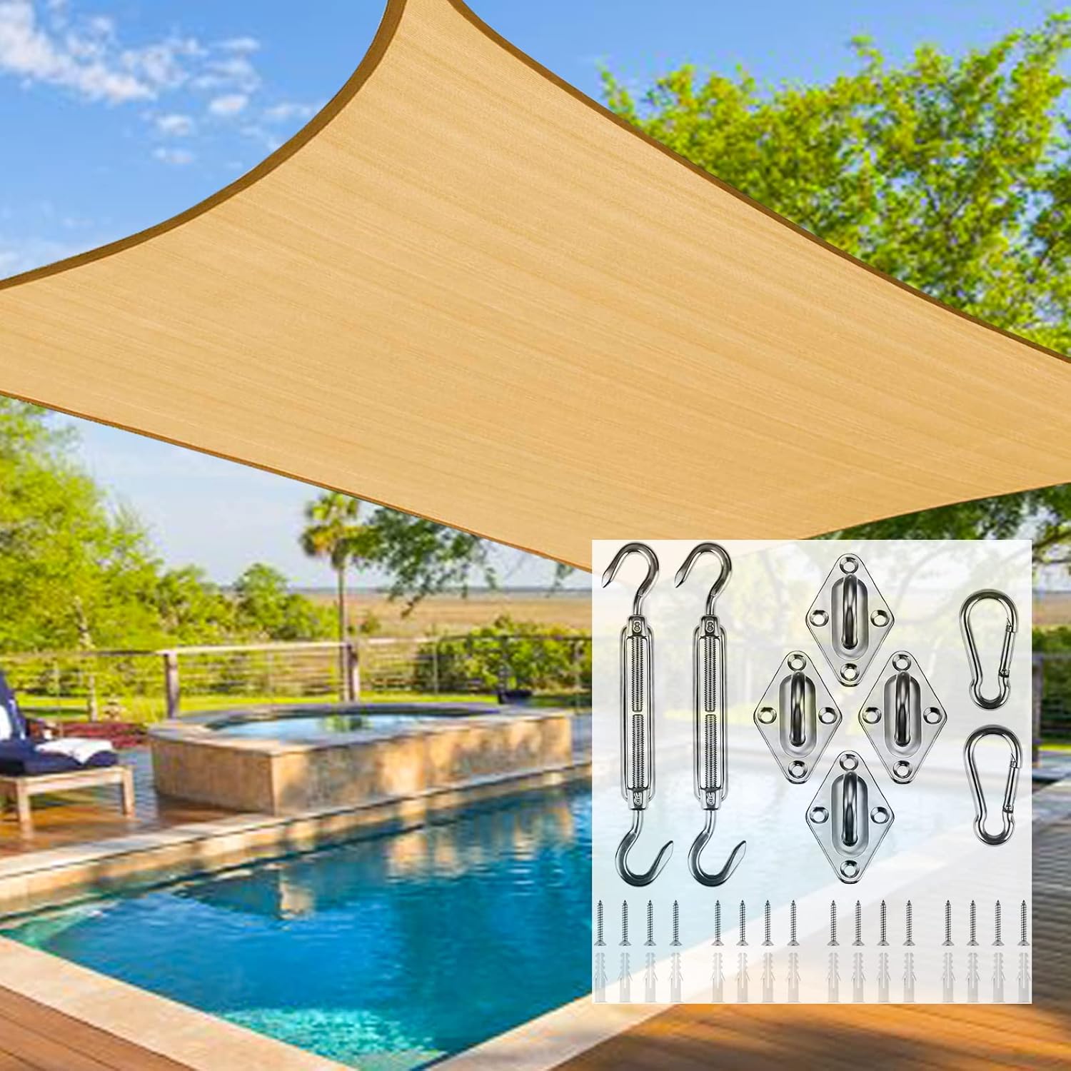 Artpuch Sun Shade Sail Canopy 10'x13' Sand 304 Stainless Steel Hardware Kit 5 inch Installation Set Cover for Patio Outdoor, 185GSM Rectangle Backyard Shade Sail for Garden Playground
