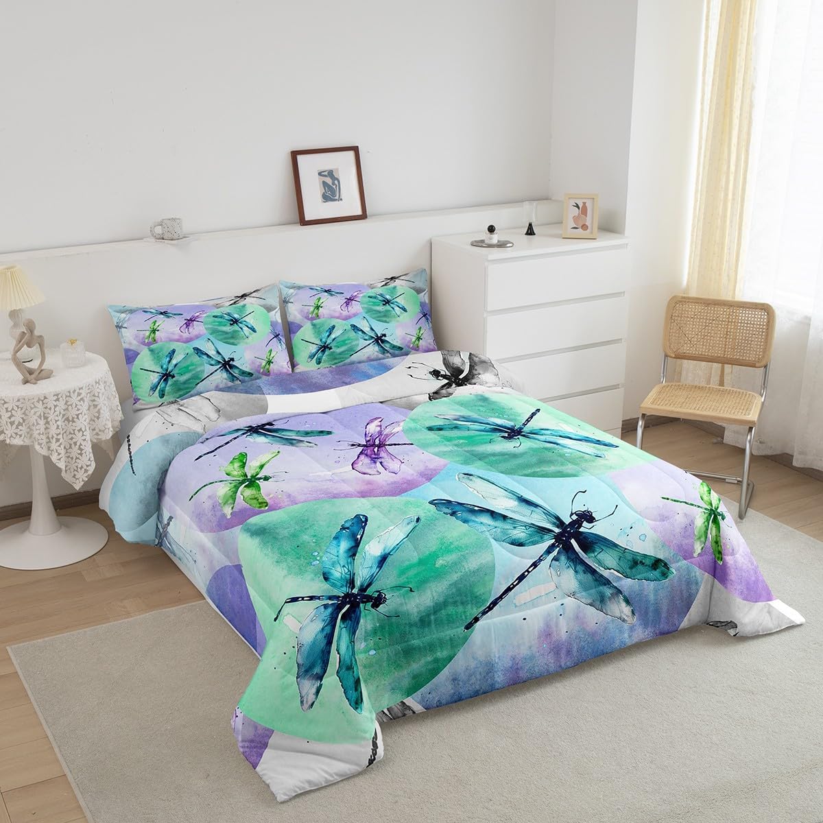 Dragonfly Comforter Set Queen Size,Wildlife Summer Rustic Farmhouse Bedding Set,Girls Boys Adults Room Decor,Geometric Circles Patchwork Fashion Down Comforter,Colorful Duvet Insert,2 Pillowcases