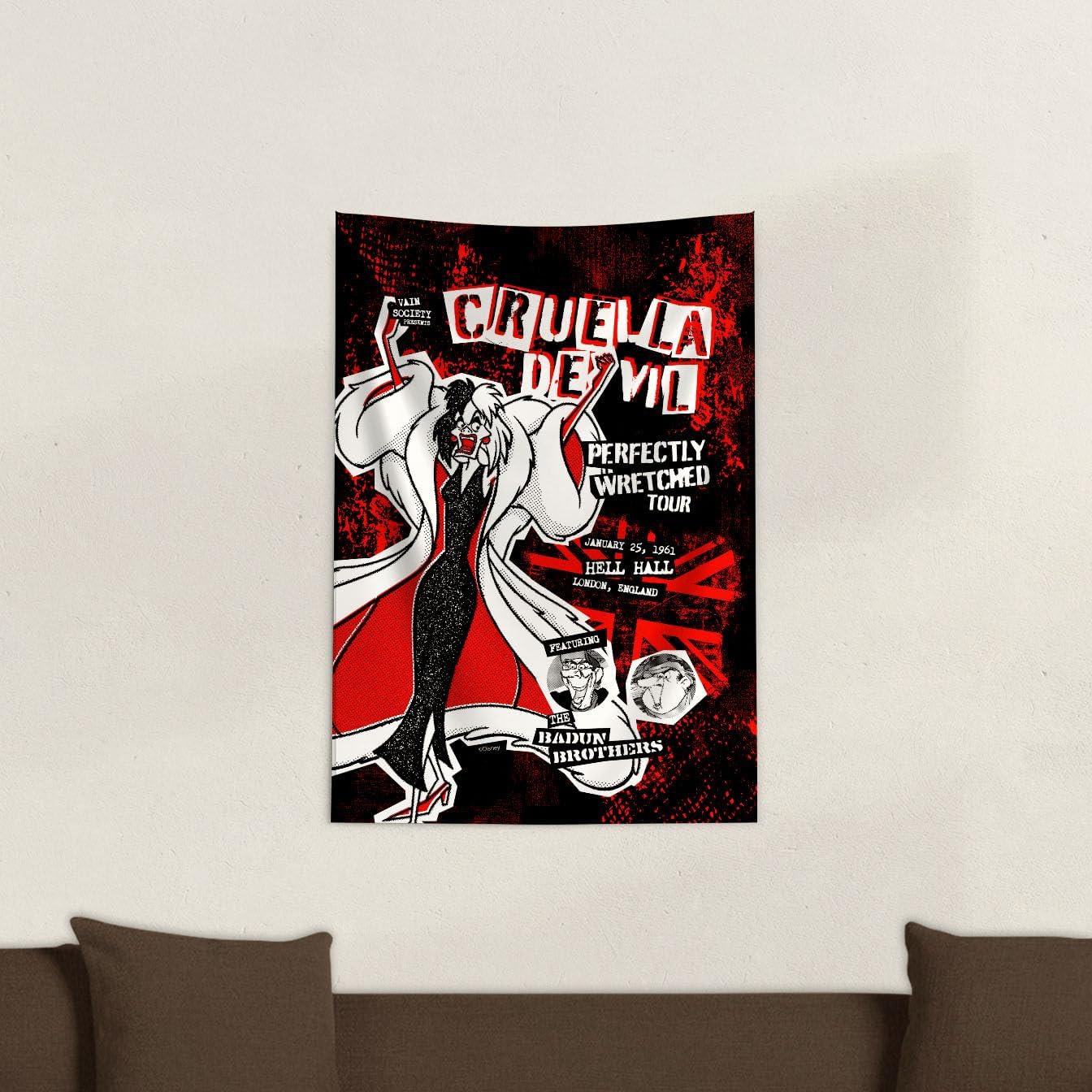 Northwest Disney 101 Dalmatians Cruella Poster Tapestry Wall Hanging 24 × 36 Inches Soft Decorative Tapestry for Bedroom Living Room or Home Décor