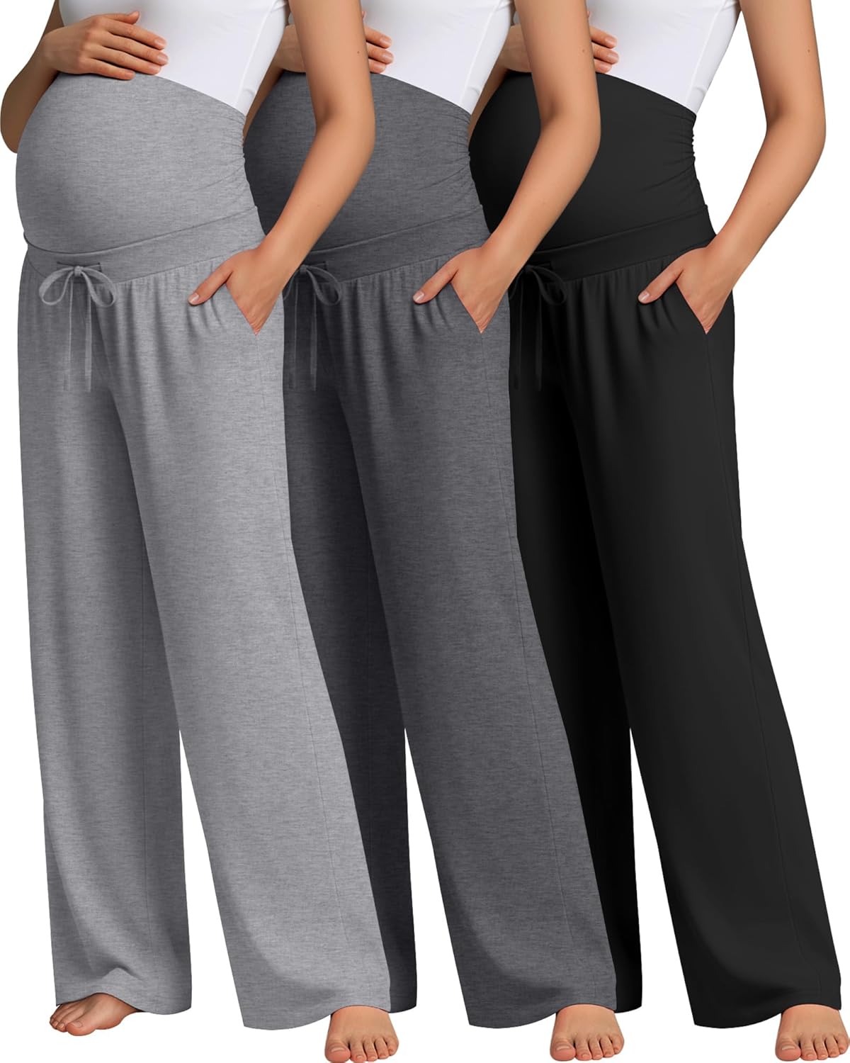 3 Pcs Maternity Sweatpants Over The Belly Pregnancy Straight Wide Leg Elastic Drawstring Pants Joggers with Pockets