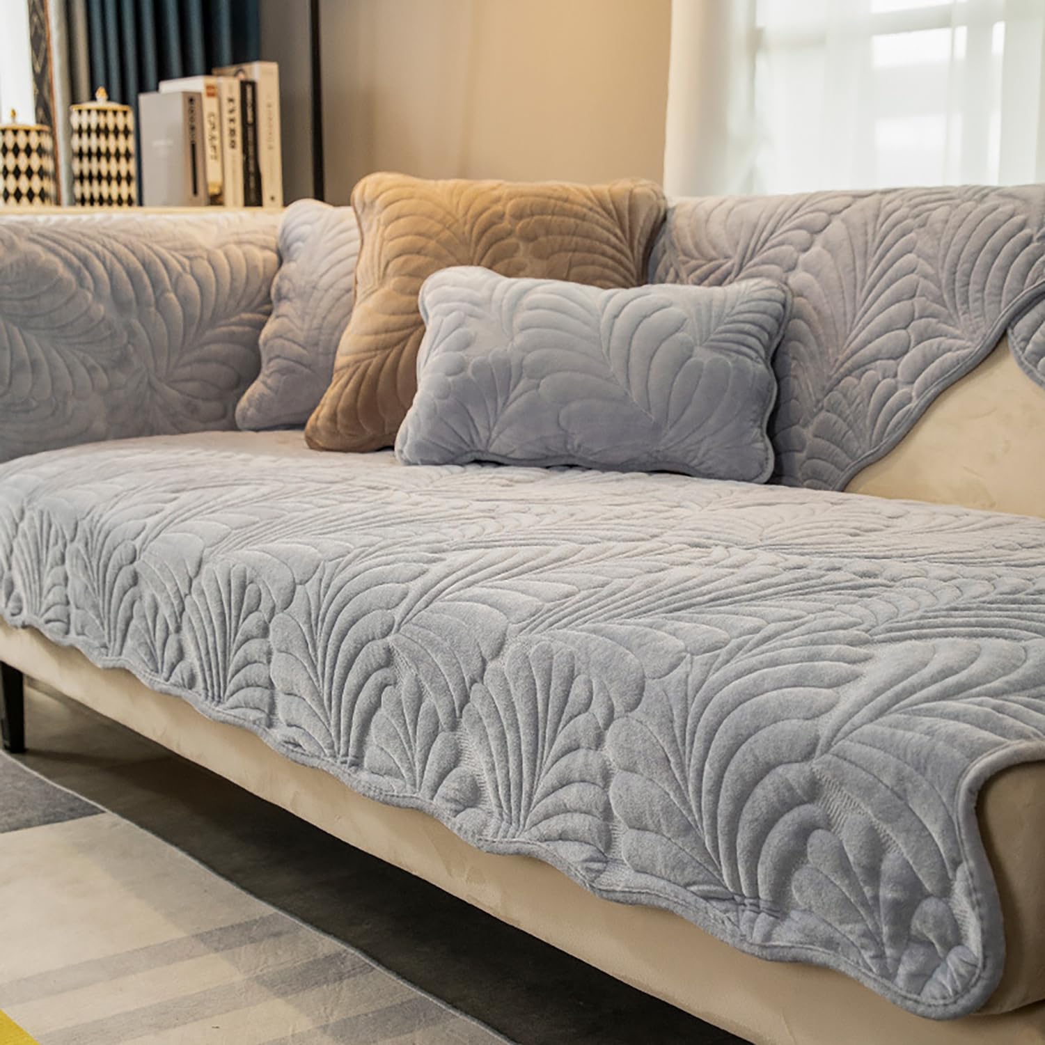 Housse de canapé en peluche haut de gamme protection antidérapante grise universelle