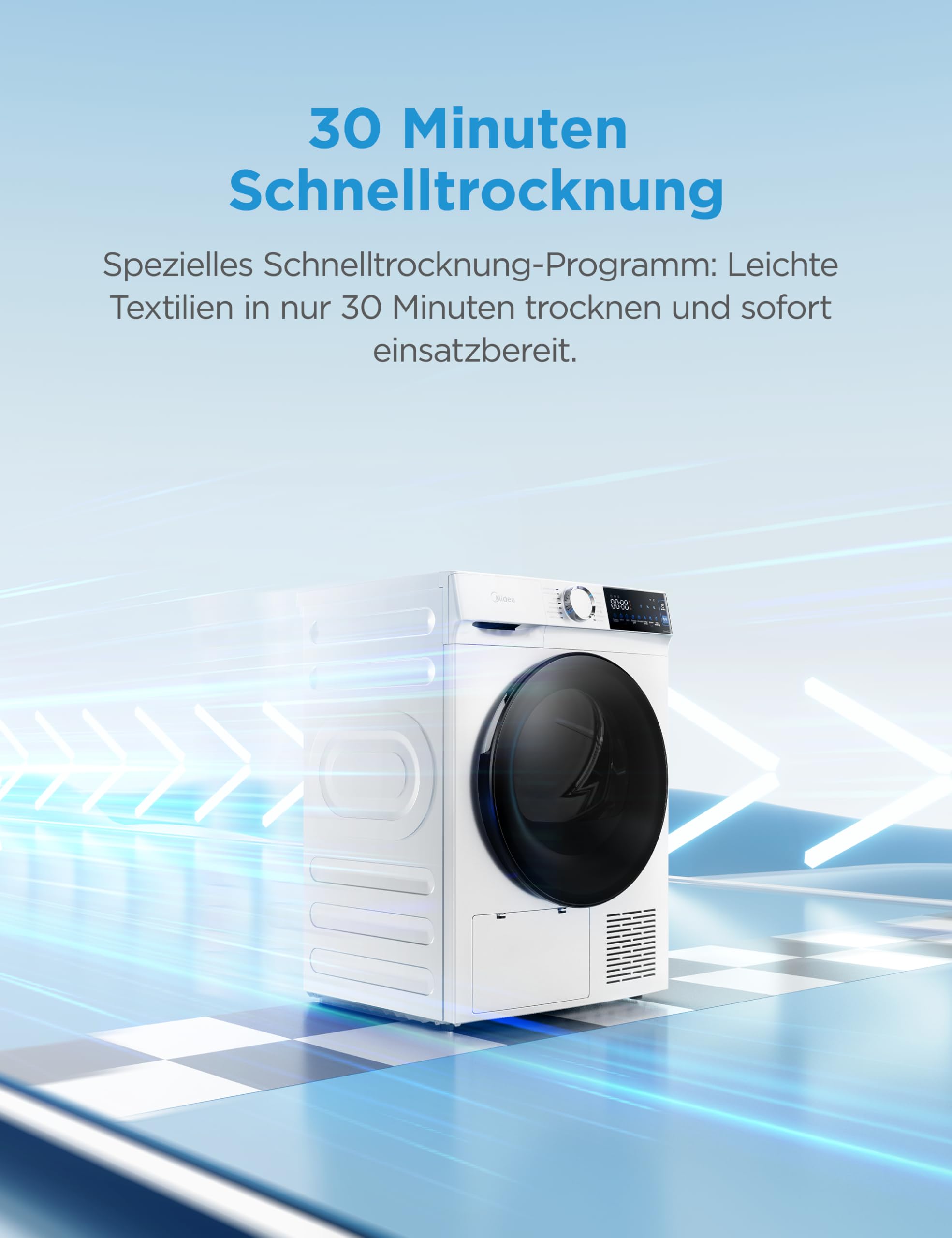 Midea Serie V5 Wärmepumpentrockner, 9 kg, Energieklasse C, WLAN-Steuerung, 30 Minuten Schnelltrocknung, UV-Desinfektion mit Milbenentfernung, Knitterschutz, Inverter-Motor, Weiß, MDV5EH90WBC