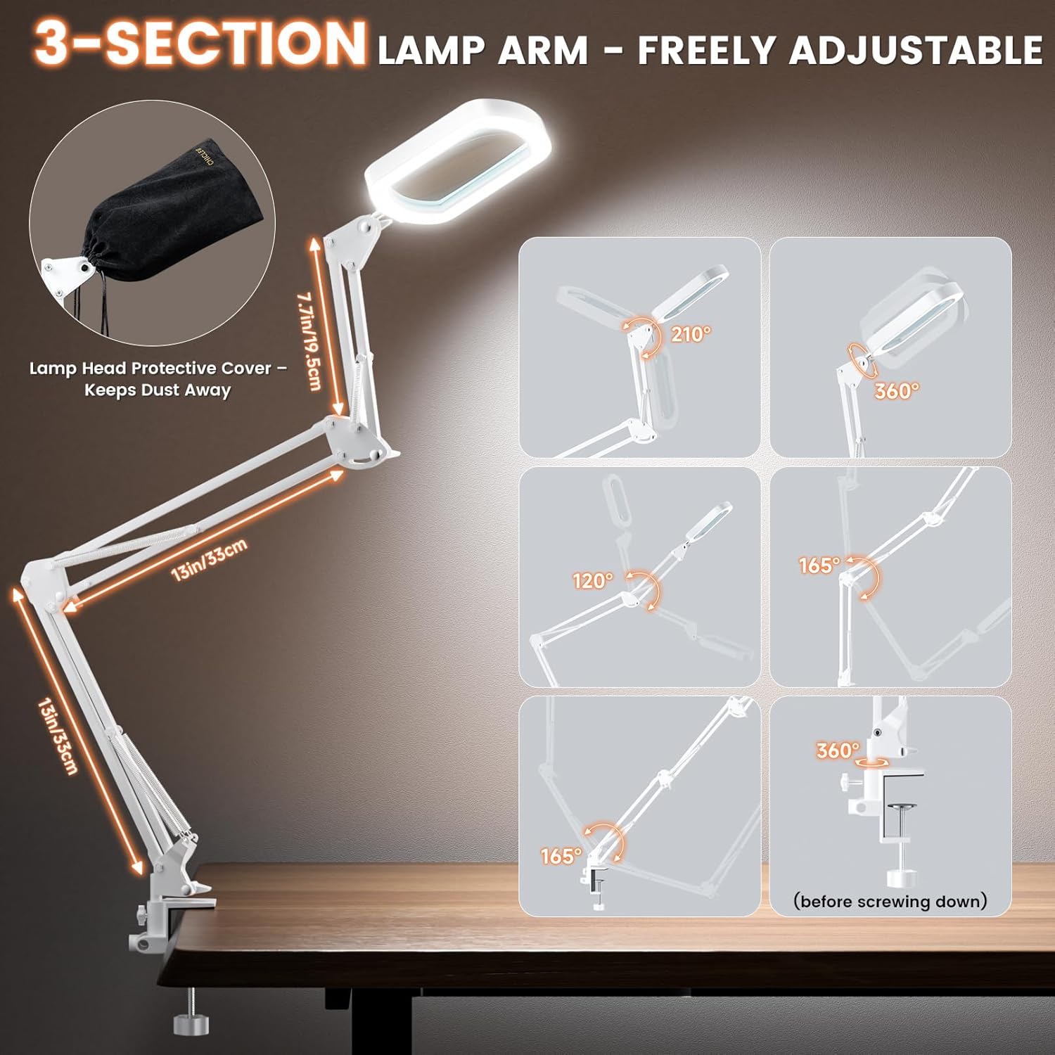 10X Square Magnifying Glass with Light, 3 Arms Table Lighted Magnifying Glasses Lamp with Clamp Hands Free for Reading Crafts Jewelry Repair Painting Close Work Hobbies, 5 Colors 10 Brightness