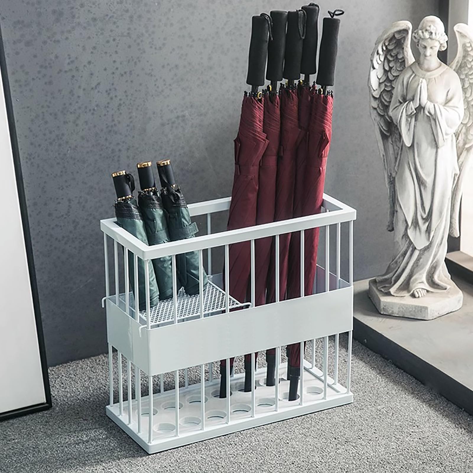 Porte-parapluie d'extérieur blanc en métal de 44 cm de haut avec plateau en maille pour l'entrée