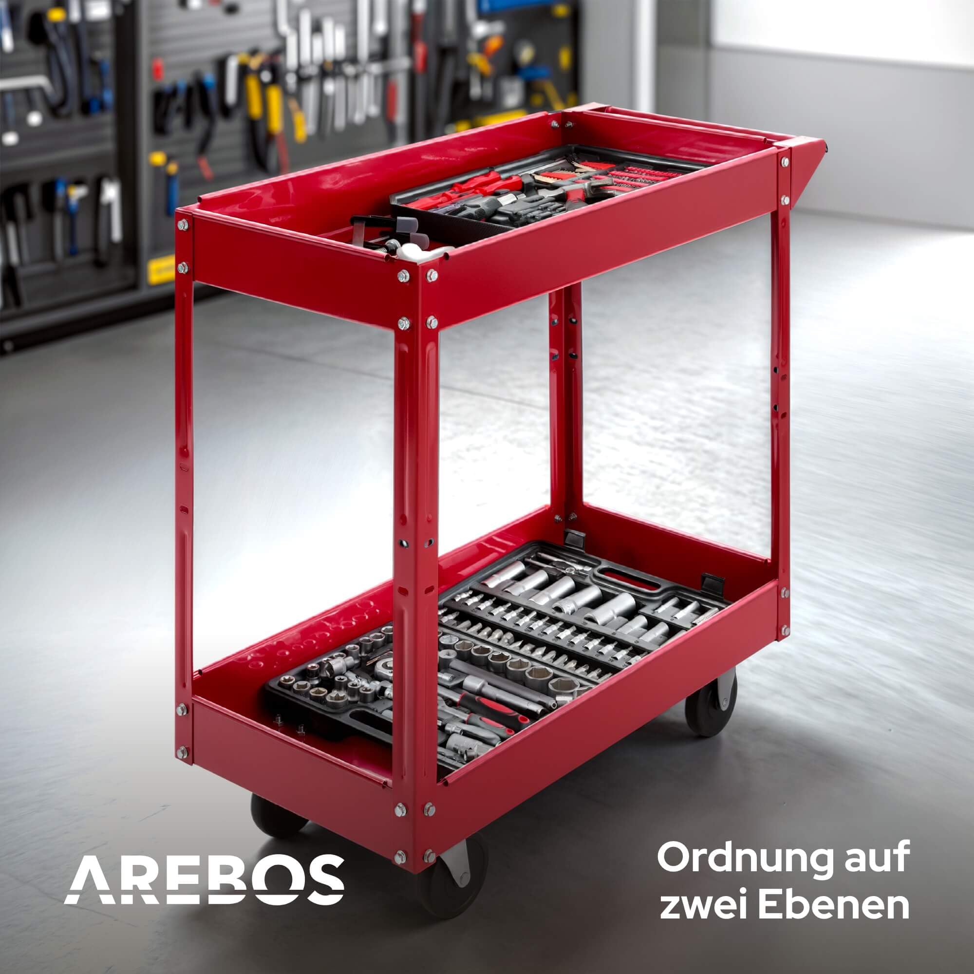 Arebos Werkstatt-Rollwagen | Montagewagen mit 2 Ablagefächern | bis 100 kg belastbar | robuster Werkzeugwagen aus Stahl | Mobile Transporthilfe | für Werkstatt, Garage & Hobbyraum | 2er Set
