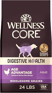 Wellness CORE Digestive Health Age Advantage Senior Dry Dog Food, Wholesome Grain Kibble, Sensitive Stomach, Natural, High Protein, Chicken and Brown Rice Recipe, 24 lb Bag