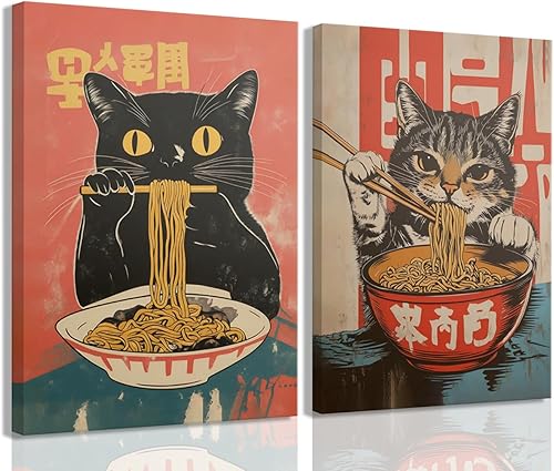 Lienzo enmarcado divertido de gato negro, juego de 2, póster vintage de gato japonés comiendo ramen, regalos únicos y amantes de los animales,